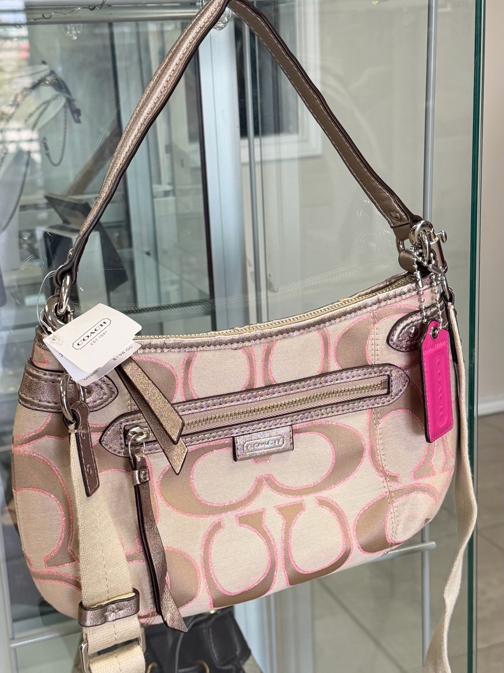 Coach Pink & Beige Signature Canvas Shoulder Bag with Hot Pink Tag